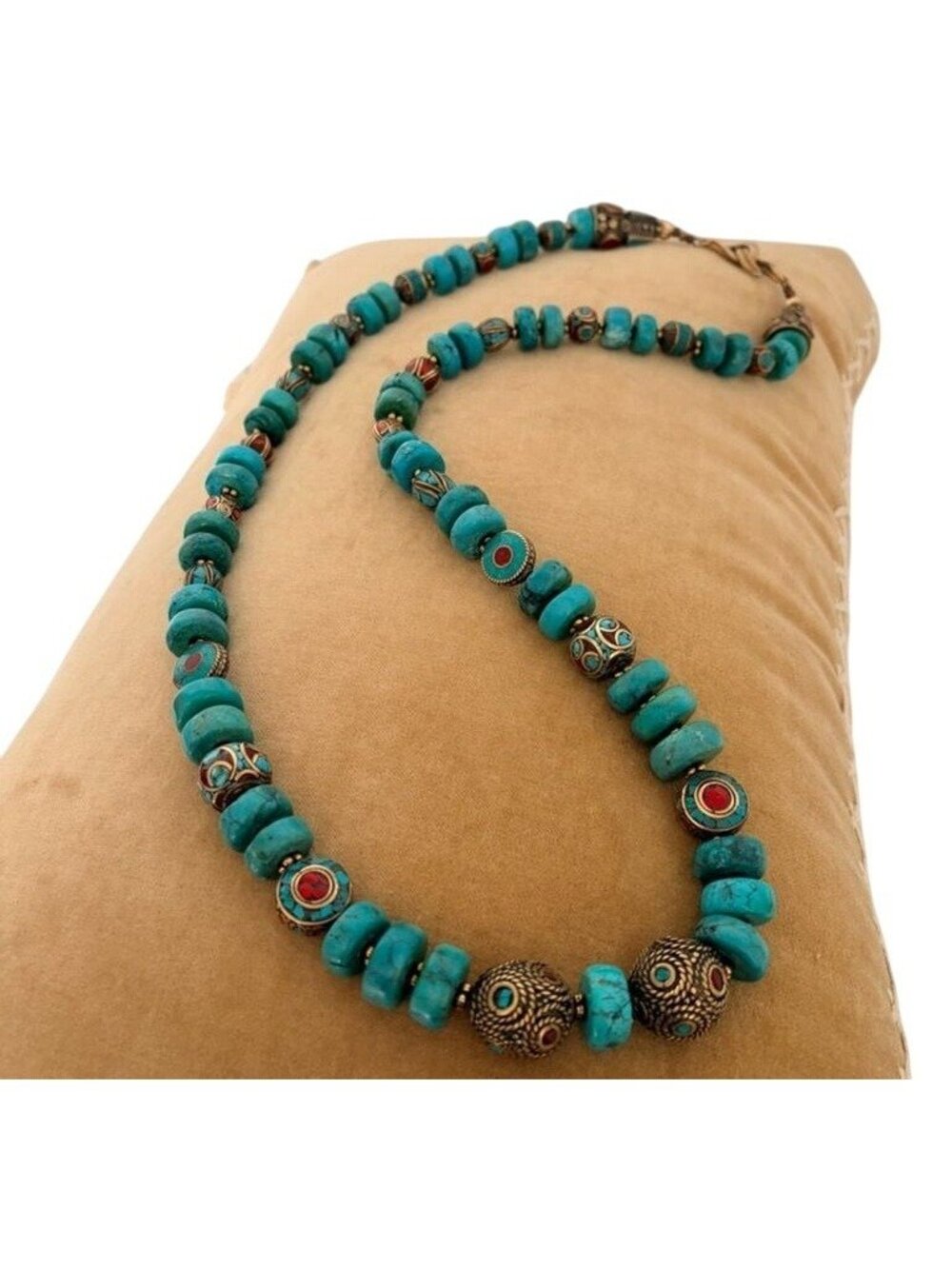 Turquoise Necklace Tibetan Nepal Rondelle Cloisonné Beads 39" Boho Tribal Style